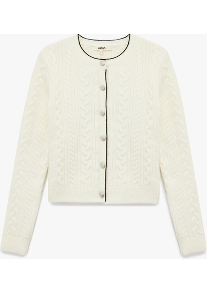 Saç Örgü Dokulu Uzun Kollu Bisiklet Yaka Triko Hırka