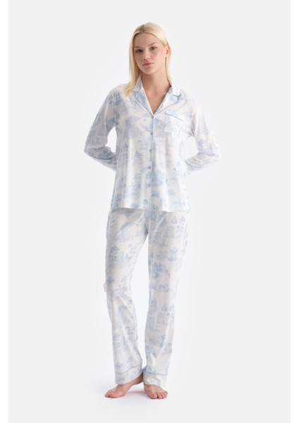 Manzara Baskılı Gömlek Pantolon Takım