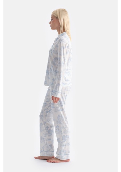 Manzara Baskılı Gömlek Pantolon Takım modelleri