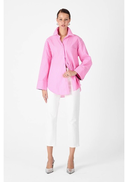 Kadın Oversize/bol Kesim Tek Cepli Pembe Çizgili Gömlek fiyatları