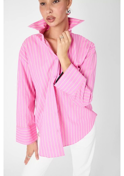 Kadın Oversize/bol Kesim Tek Cepli Pembe Çizgili Gömlek modelleri