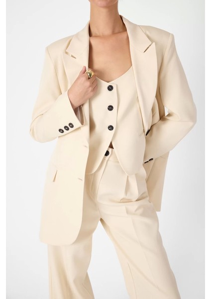 Kadın Yelek, Ceket ve Pantolonlu Üçlü Takım - Krem fırsatları