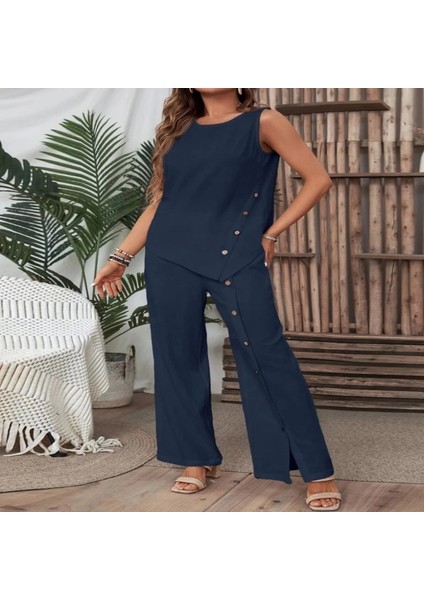 Kadın Kolsuz Düğmeli Asimetrik Detaylı Bürümcük Bluz ve Pantolon Takım