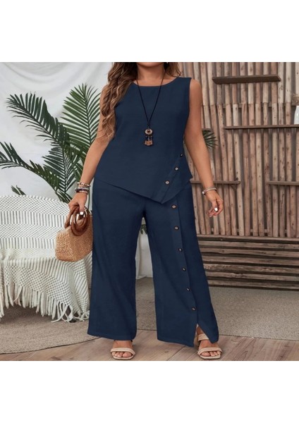 Kadın Kolsuz Düğmeli Asimetrik Detaylı Bürümcük Bluz ve Pantolon Takım fiyatları