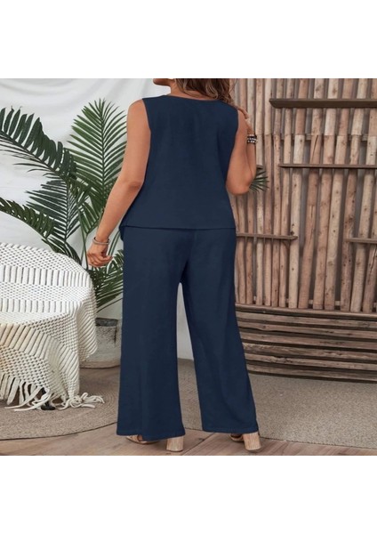 Kadın Kolsuz Düğmeli Asimetrik Detaylı Bürümcük Bluz ve Pantolon Takım fırsatları