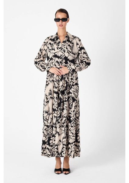 Otantik Desenli Elbise - Siyah