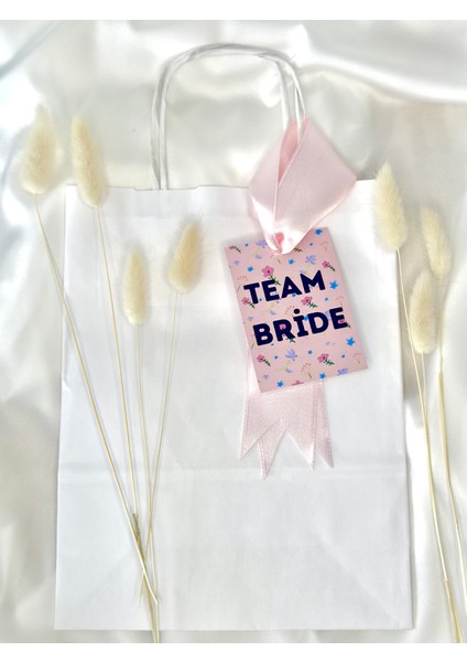 10ADET Team Bride Pembe Çiçek Etiketli Beyaz Kraft Kağıt-Karton Çanta-Hediyelik Çanta/bekarlığa Veda