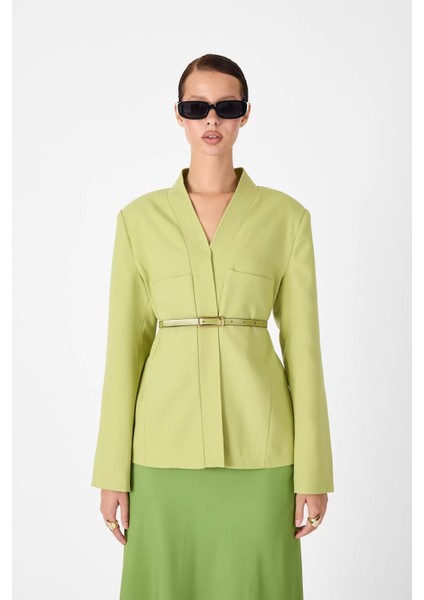 Deri Kemer Detaylı Yeşil Ceket