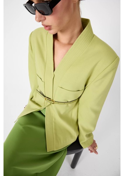 Deri Kemer Detaylı Yeşil Ceket fiyatları