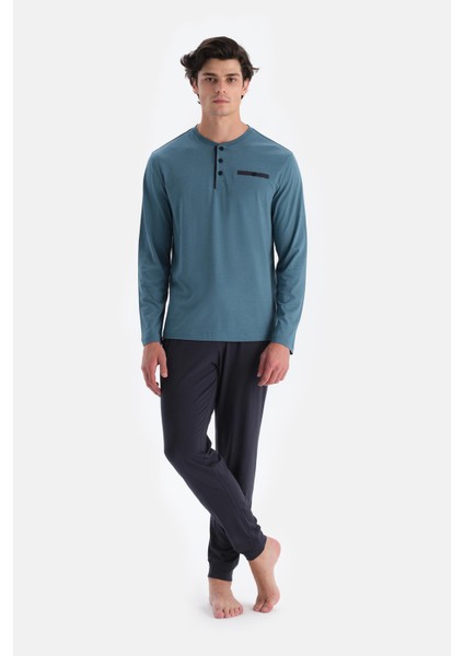 Mavi Yarım Patlı Uzun Kollu Jogger Pantolonlu Pijama Takımı