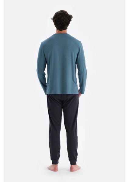 Mavi Yarım Patlı Uzun Kollu Jogger Pantolonlu Pijama Takımı fiyatları