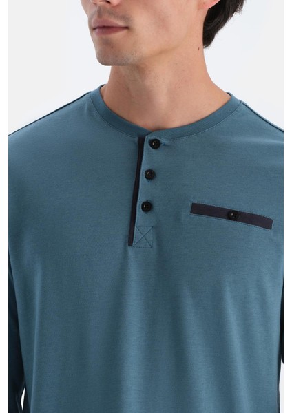 Mavi Yarım Patlı Uzun Kollu Jogger Pantolonlu Pijama Takımı