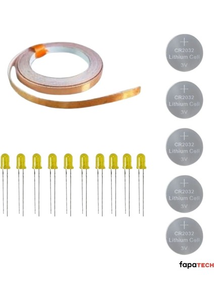 Bakır Folyo Iletken Bant ,CR2032 Lityum Pil ,5mm Sarı LED Seti – Kağıttan Devre Kit