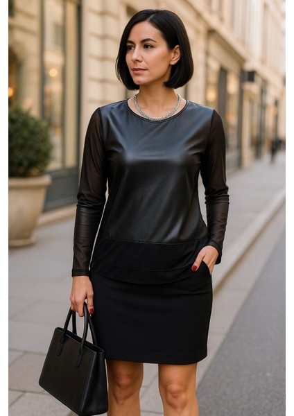 Sunita Vegan Tül Detay Deri Bluz modelleri