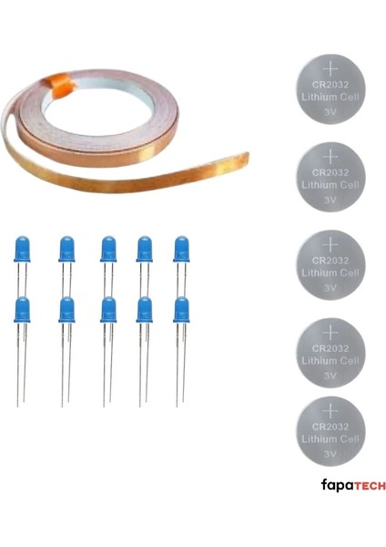 Bakır Folyo Iletken Bant ,CR2032 Lityum Pil ,5mm LED Mavi Seti – Kağıttan Devre Kit
