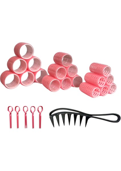 1237 Pembe 37 Parça Bigudi Seti, 18 Bigudi, 18 Saç Pensi, 1 Tarak