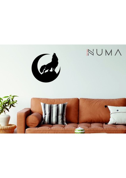 Bozkurt ve Ay Figürlü Dekoratif Ahşap Tablo-Kurt-Türk Duvar Dekoru