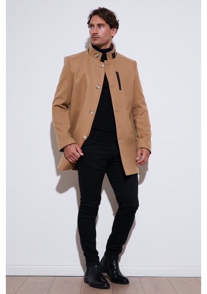 Slim Fit Düğmeli Dik Yaka Kaşe Kaban Erkek Kaban 5840099