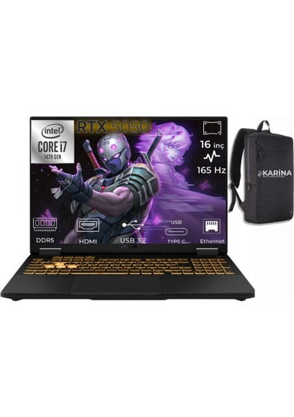 Tuf Gaming F16 I7-14650HX FX608JHR-RV052-84 24GB 512GB+512GB RTX5050 8gb W11PRO 16" Wuxga Gaming Laptop