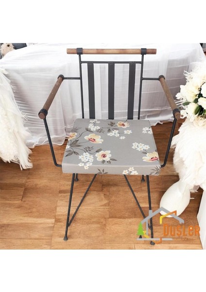 40X40 Çiçek Desenli Açık Kahverengi Saten Fermuarlı Bağcıklı Sandalye Minderi 5 cm