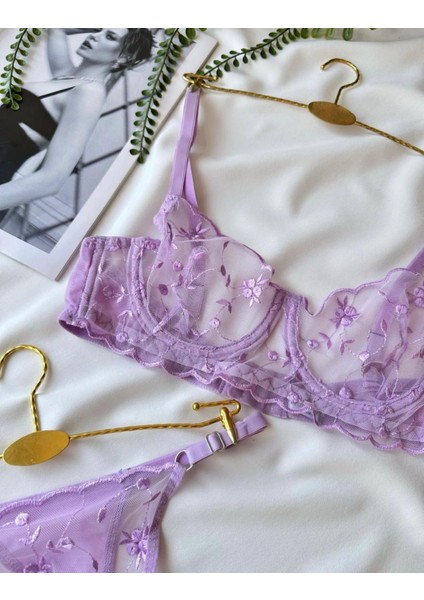 Kadın Lila Mor Nakış Işlemeli Transparan Iç Çamaşır Takımı fiyatları
