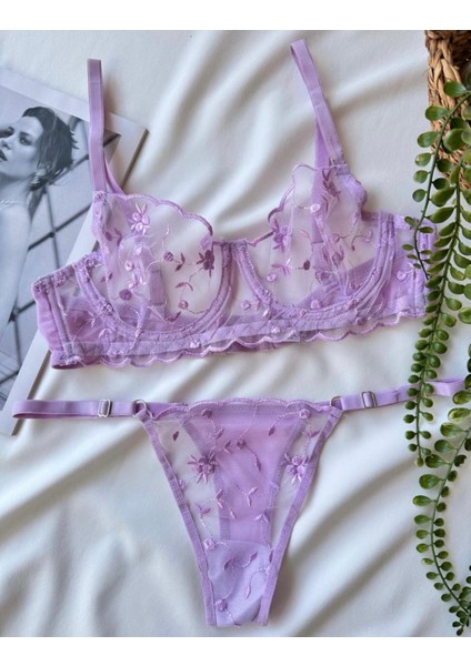 Kadın Lila Mor Nakış Işlemeli Transparan Iç Çamaşır Takımı modelleri