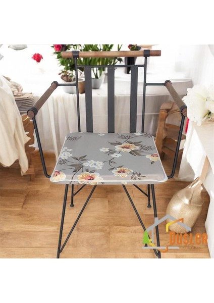 40X40 Çiçek Desenli Açık Kahverengi Saten Fermuarlı Bağcıklı Krem Biyeli Sandalye Minderi 4 cm