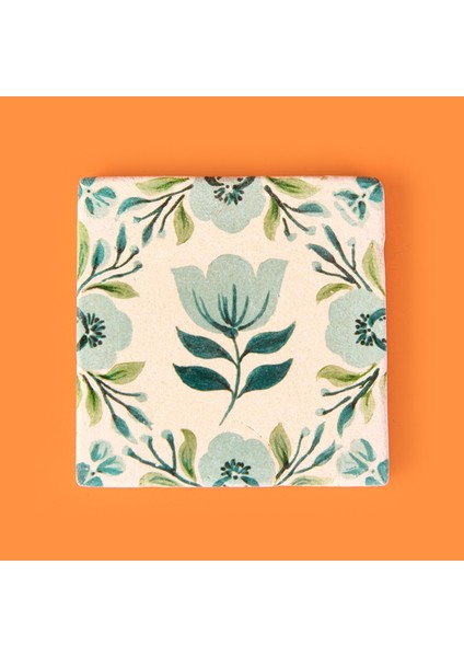 Kitchen Mavi Çiçekli Taş Bardak Altlığı - Renkli - 10X10 cm