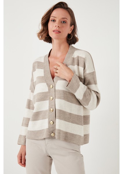 Regular Fit Çizgili V Yaka Düğmeli Soft Akrilik Hırka Bayan Hırka 4615188 fırsatları
