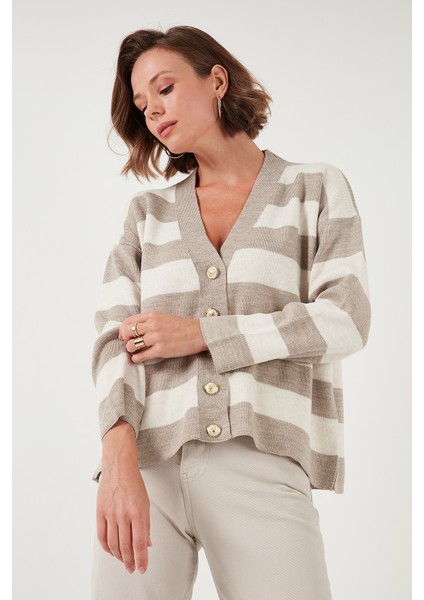 Regular Fit Çizgili V Yaka Düğmeli Soft Akrilik Hırka Bayan Hırka 4615188