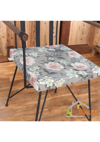 40X40 Çiçek Desenli Antrasit Gri Saten Fermuarlı Bağcıklı Sandalye Minderi 5 cm