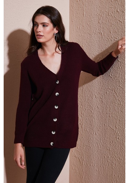 Regular Fit V Yaka Düğmeli Triko Örme Uzun Hırka Bayan Hırka 4615044