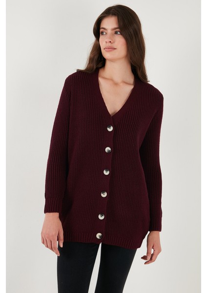 Regular Fit V Yaka Düğmeli Triko Örme Uzun Hırka Bayan Hırka 4615044