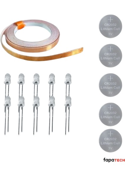 Bakır Folyo Iletken Bant ,CR2032 Lityum Pil ,5mm Beyaz LED Seti – Kağıttan Devre Kit