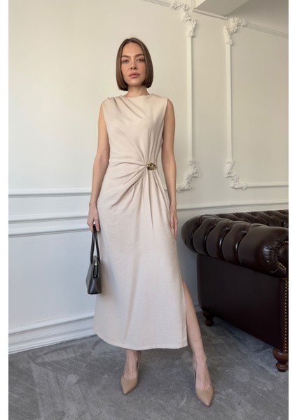Premium Drapeli Viskon Kolsuz Elbise- Bej