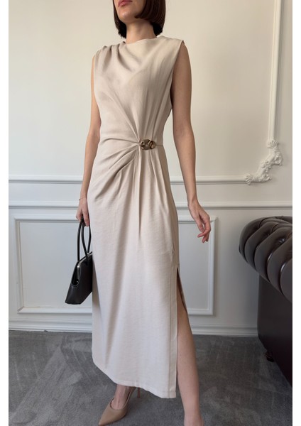 Premium Drapeli Viskon Kolsuz Elbise- Bej fiyatları