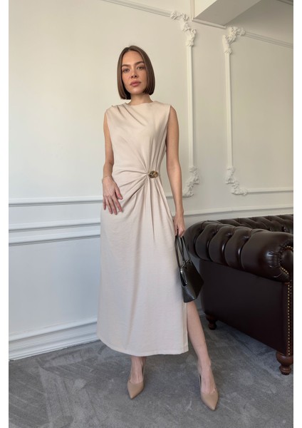 Premium Drapeli Viskon Kolsuz Elbise- Bej modelleri