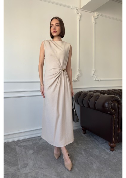 Premium Drapeli Viskon Kolsuz Elbise- Bej fırsatları