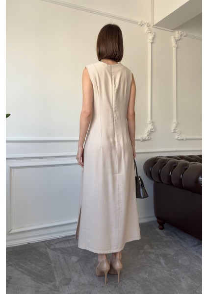 Premium Drapeli Viskon Kolsuz Elbise- Bej indirimleri