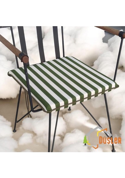 40X40 Yeşil Beyaz Çizgili Su ve Leke Itici Fermuarlı Bağcıklı Yeşil Biyeli Sandalye Minderi 4 cm