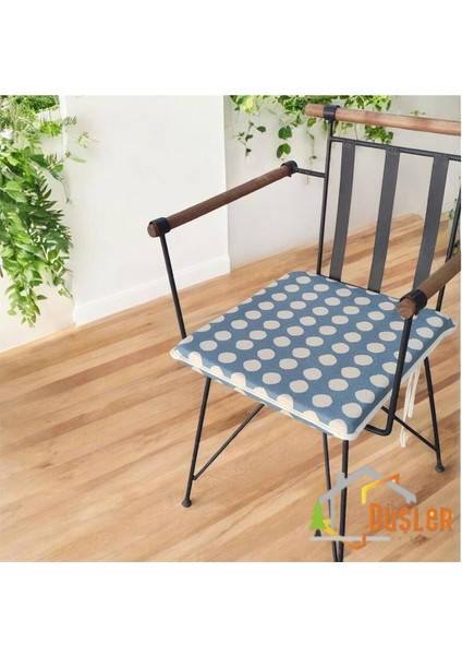 40X40 Krem Puantiyeli Mavi Su ve Leke Itici Fermuarlı Bağcıklı Krem Biyeli Sandalye Minderi 4 cm