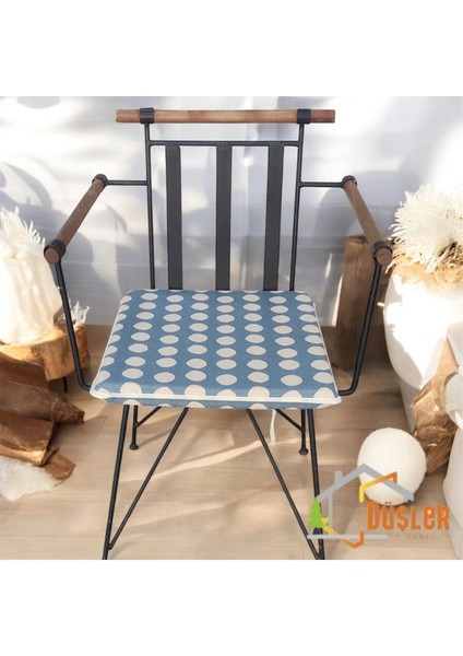 40X40 Krem Puantiyeli Mavi Su ve Leke Itici Fermuarlı Bağcıklı Krem Biyeli Sandalye Minderi 4 cm fiyatları