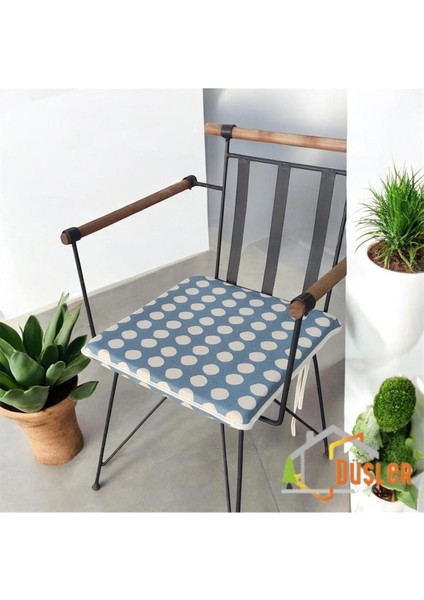 40X40 Krem Puantiyeli Mavi Su ve Leke Itici Fermuarlı Bağcıklı Krem Biyeli Sandalye Minderi 4 cm modelleri