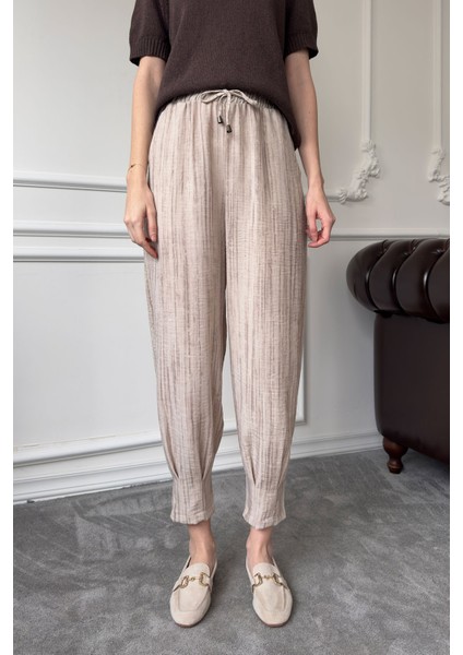 Beli Lastikli Jogger Keten Pantolon- Bej