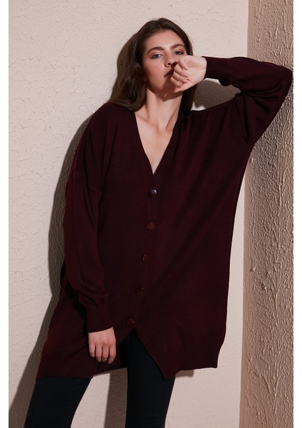 V Yaka Düğmeli Triko Hırka Bayan Hırka 4616031