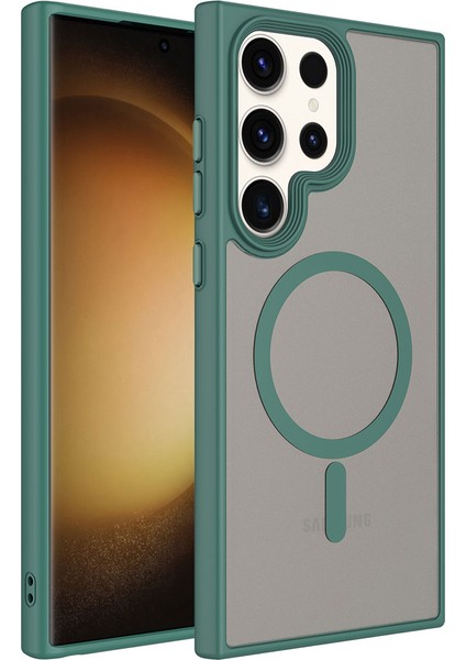 Galaxy S23 Ultra Kılıf Mat Arka Yüzey Wireless Şarj Özellikli Zıvo Flet Magsafe Kapak-Yeşil