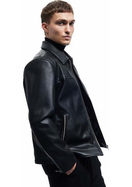 Uzun Kollu Fermuarlı Cep Detaylı Gömlek Yaka Suni Deri Ceket fiyatları