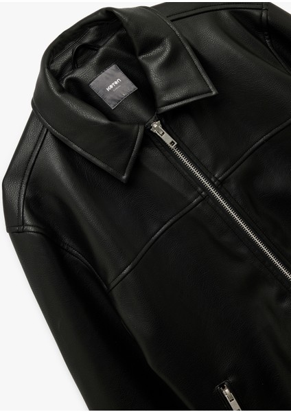 Uzun Kollu Fermuarlı Cep Detaylı Gömlek Yaka Suni Deri Ceket indirimleri