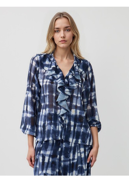 Lacivert V Yaka Uzun Kollu Desenli Dokuma Bluz