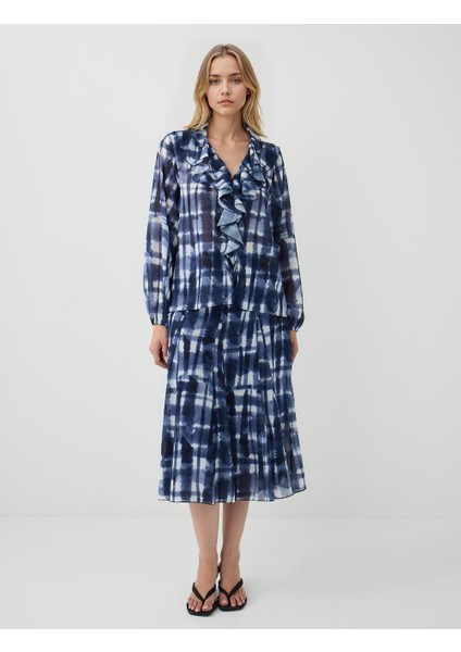 Lacivert V Yaka Uzun Kollu Desenli Dokuma Bluz fiyatları